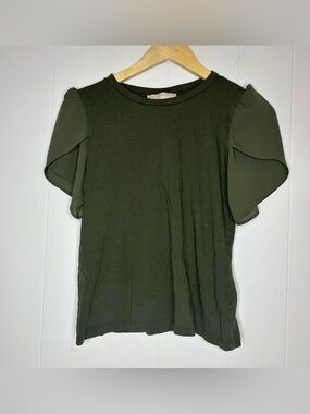 Michael Kors Olive Camo Green Tulip Puff Sleeve Crewneck Top Blouse T-Shirt S